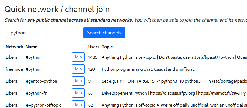 Screenshot of web interface for joining channels