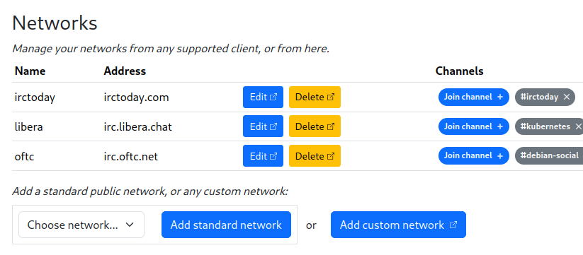 Screenshot of web interface for managing networks